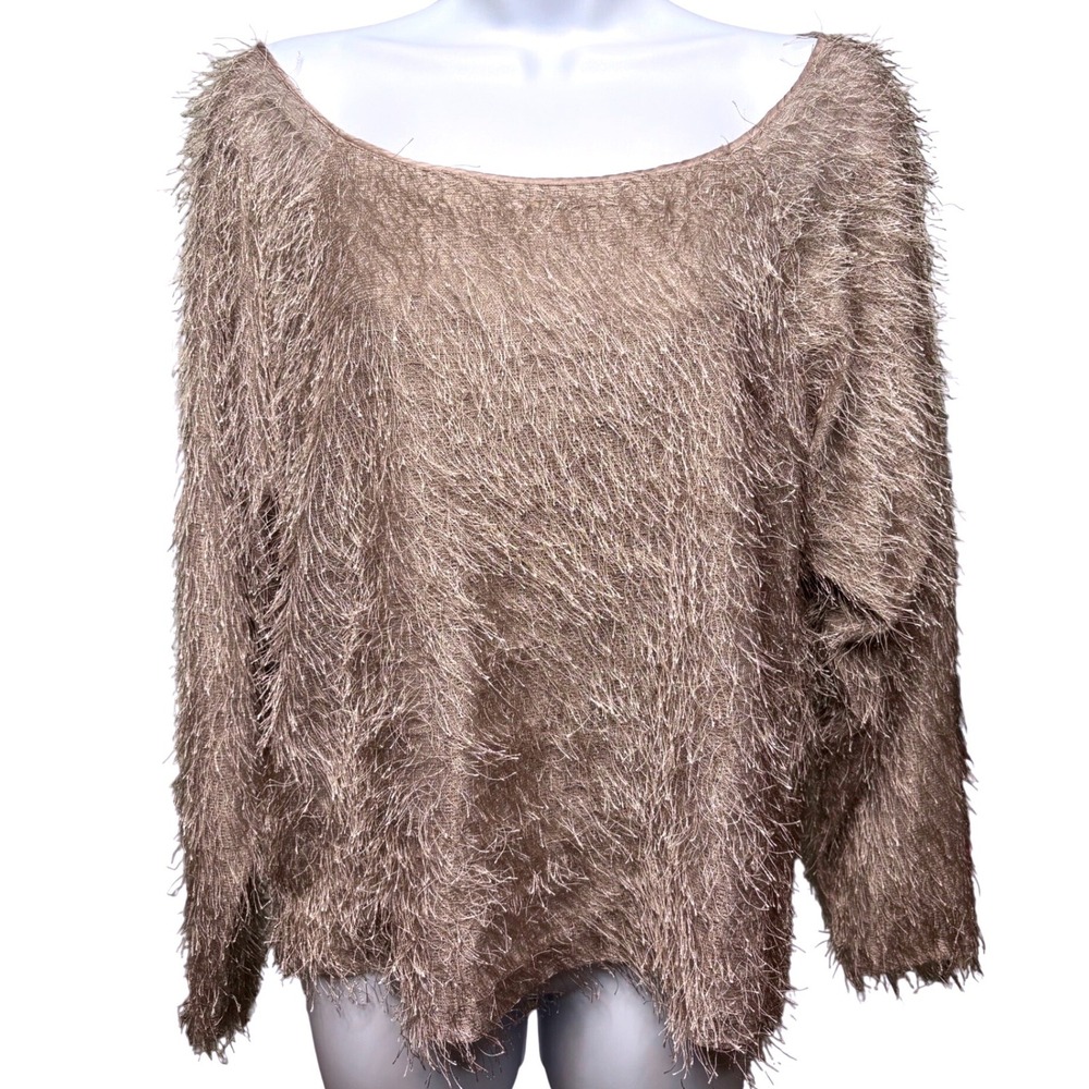 ROBBI & NIKKI Metallic Taupe Eyelash Fringe Shag Top M‎ Glam Boho-Chic Going Out